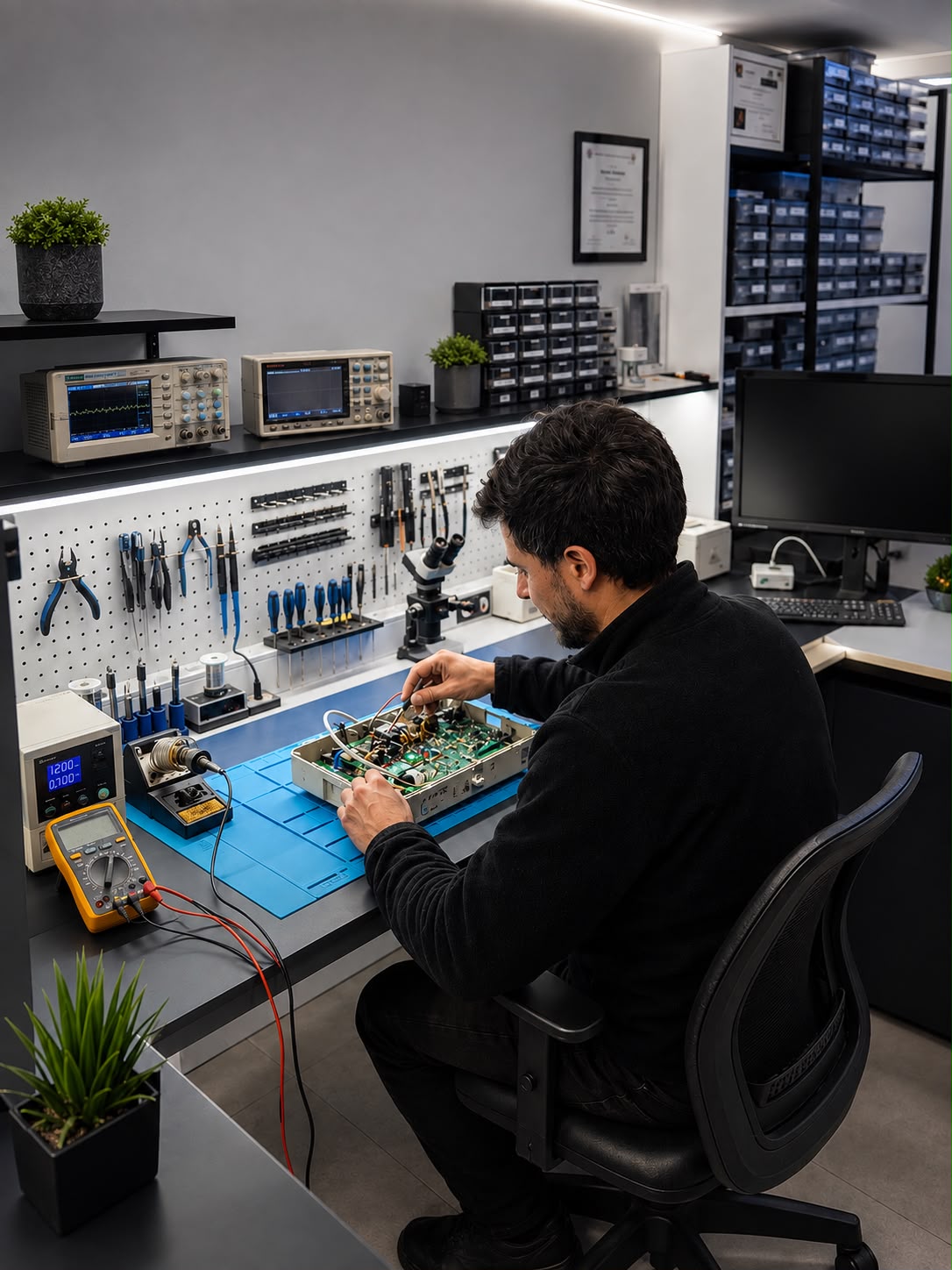 Técnico de CardioTécnica reparando la placa electrónica de un equipo médico en el banco de trabajo, con osciloscopios, multímetro, estación de soldado y microscopio